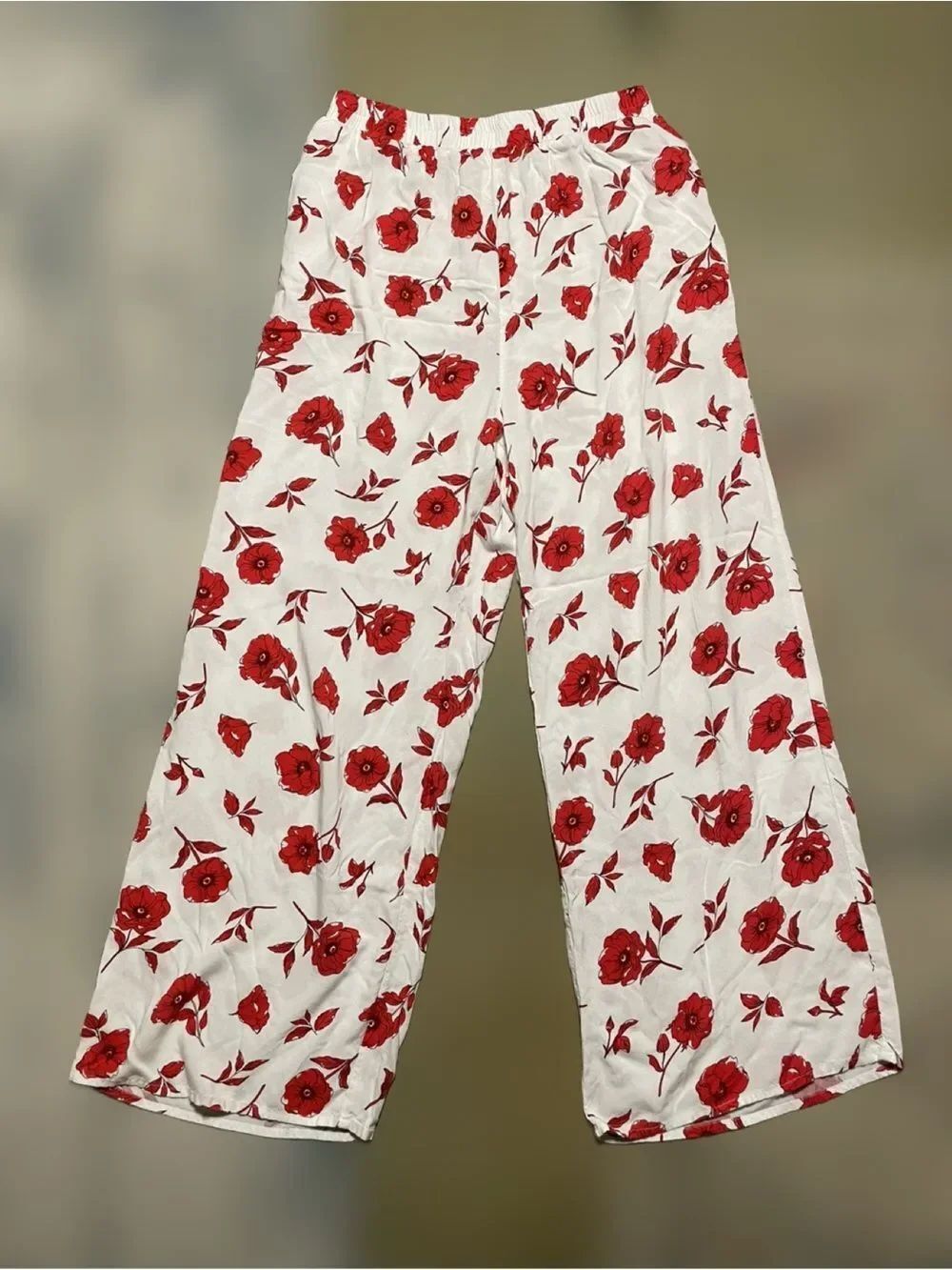 Japna Women’s Beautiful Red Floral Pajama Pants with Pockets - White Base - LG - Picture 3 of 8